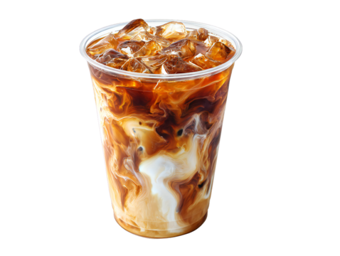 Iced coffee with milk in clear plastic cup, refreshing cold beverage with ice cubes and creamy swirl isolated on white background