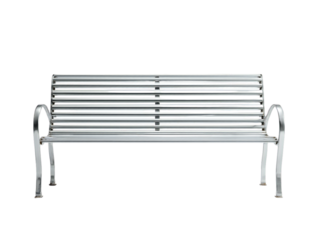 Metal outdoor bench with silver slatted seat and backrest, modern public park seating furniture isolated on white background