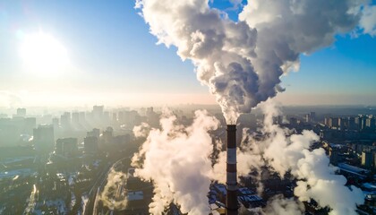 Dense smoke billows from a tall industrial smokestack above a city skyline, bathed in sunlight