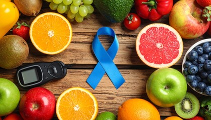 Blue diabetes awareness ribbon with fresh fruits on wooden background, healthy lifestyle concept.