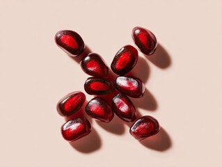 Scattered, translucent pomegranate seeds, a vibrant red and dark green interior,  on a pale peach background