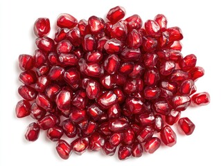 Close-up of pomegranate seeds.  A cluster of vibrant, red pomegranate seeds fills the image center.  The seeds are glossy and plump, arranged densely against a plain white background