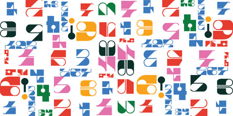 A typography pattern, colorful collage of abstract numbers and shapes in vibrant hues of blue, red, pink, green, and orange on a white background.