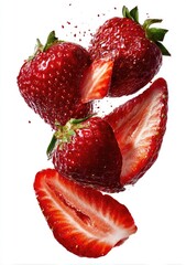 Fresh strawberries, sliced and in mid-air, with splashes