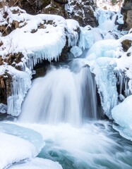 Frozen waterfall cascading over icy rocks, snow-covered
