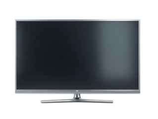 Flat screen LED television with black display and silver stand, modern electronic home entertainment device isolated on white background