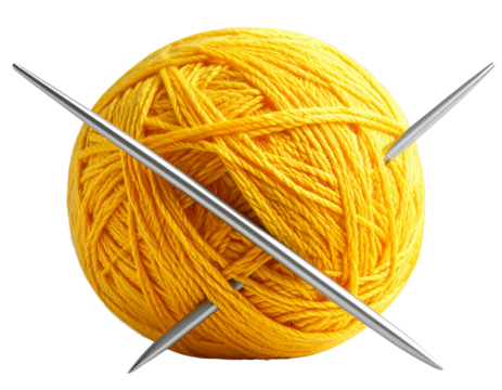 Ball of Yellow Yarn with Knitting Needles, Cozy Crafting Concept, Isolated on Transparent Background