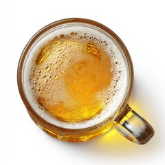 Overhead view of a glass mug filled with light amber beer, topped with a thick layer of foamy head