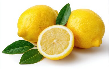 Two whole lemons and a slice, vibrant yellow, with fresh green leaves