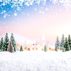 Miniature winter village scene.  Snowy landscape with snow-covered trees and tiny houses, soft pastel colors, and snowflakes