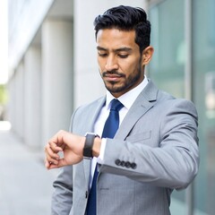 Businessman checking wristwatch outdoors.  Serious expression, light gray suit, tie.  Modern urban setting