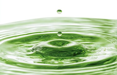 A vibrant green liquid droplet impacting a surface, creating concentric ripples