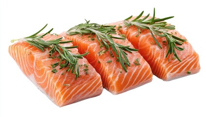 Three salmon fillets, seasoned and garnished with sprigs of rosemary, presented on a white background