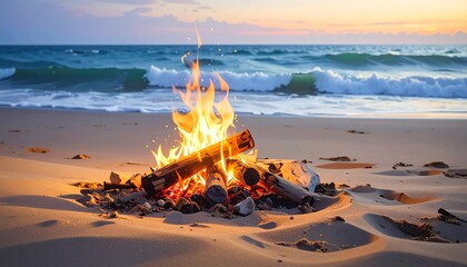 Beach campfire glows softly