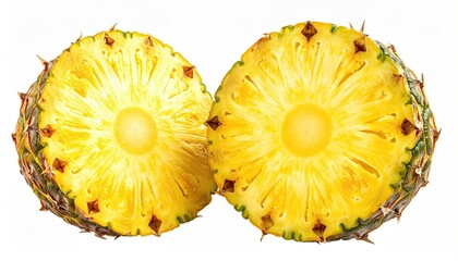 Two halved pineapples, revealing vibrant yellow flesh and a central core, against a stark white background.  The exterior shows spiky green leaves