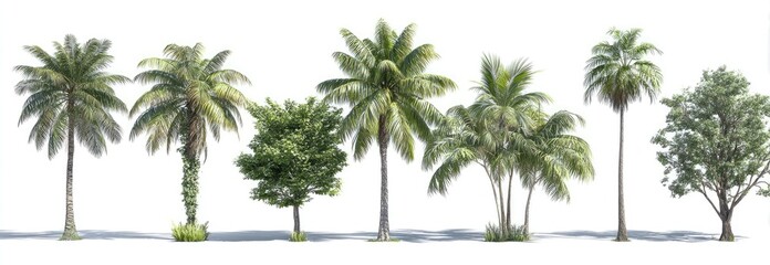 Various tropical trees against white background