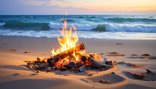 Beach campfire glows softly - Powered by Adobe