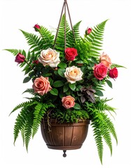 Obraz premium Hanging basket overflowing with pink, peach, and red roses, interspersed with lush green ferns, in a dark brown container against a white background