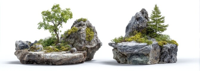 Two miniature rock landscapes with small trees and moss