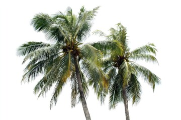 Two coconut palm trees against a white background. Lush green fronds reach upward,  with visible trunks and clusters of coconuts