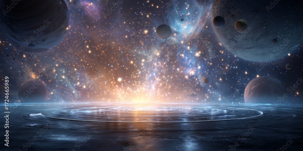 Wall mural cosmic abstract background with vibrant colors and empty futuristic stage amid planets and stars in 