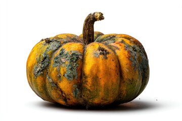 A small, mottled pumpkin with a light-brown, orange, and green patina.  Its surface has a slightly uneven texture, and patches of greenish mold.  Stem is visible
