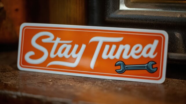 Orange Sign With Stay Tuned Message and Wrench Graphic Displayed in a Vintage Setting, Inviting Viewers to Keep Engaged With Upcoming Content