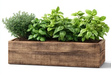 Wooden herb planter box filled with vibrant greenery