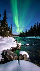 Aurora borealis over a winter river