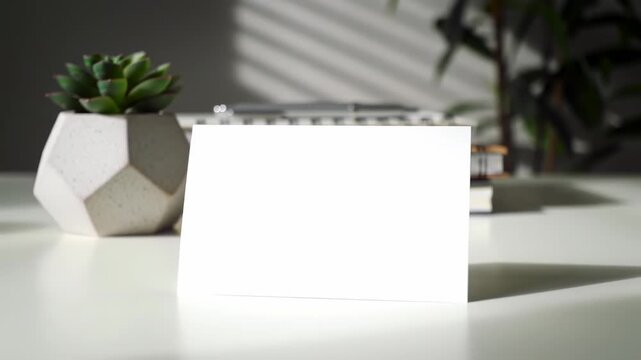 Blank white card on a white table with a decorative succulent in a geometric planter