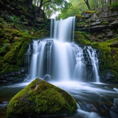 Obraz premium Waterfall cascade in lush jungle setting nature photography tranquil environment serene viewpoint
