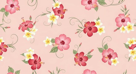 Elegant hibiscus and plumeria flower repeat pattern on light pink backdrop