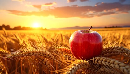 Apple in golden wheat field at sunset