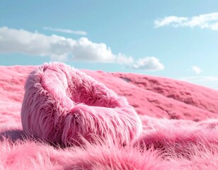 Pink, shaggy beanbag-style chair nestled in a field of vivid pink grass against a light blue sky with fluffy white clouds in the distance