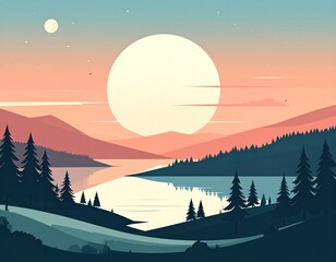 Serene landscape illustration with a large sun over a calm lake, silhouetted trees, and rolling hills under a pastel-colored sky