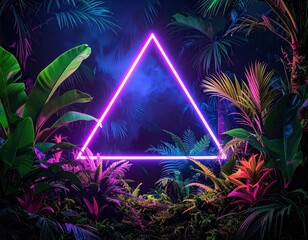 Tropical plants frame a luminous neon triangle in a dark, moody jungle setting, illuminated with vibrant pinks, greens, and purples