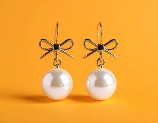 Pair of earrings faux pearls dangle beneath gold bows, hooks ready to be adorned, isolated against a solid mustard background