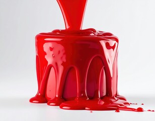 Bright red fluid cascading over a geometric shape, creating a glossy, textured surface against a clean, minimal background