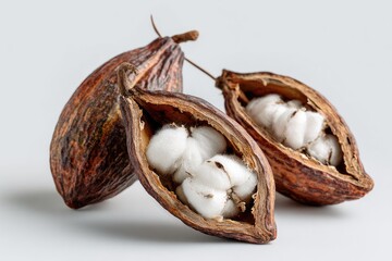 Two opened cocoa pods, revealing fluffy white cotton inside