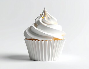 Delightful cupcake with white frosting, a sweet treat in a paper cup. Elegant, simple, and inviting on white