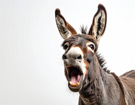 A brown donkey with dark mane and long ears, captured in an eye-level, close-up shot with mouth open, against a clean, bright white backdrop