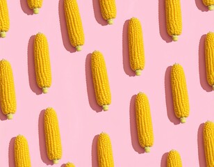 A vibrant pattern of ripe yellow corn cobs evenly spaced against a solid, soft pink background with distinct shadows creating depth and rhythm
