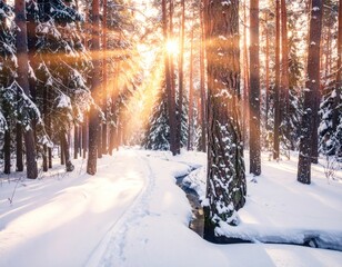 A sun-drenched winter forest scene, pristine snow covering the ground, a small stream, and warm light filtering through the trees
