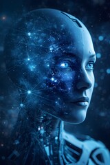 Futuristic AI Humanoid Face – Half Human Half Machine with Glowing Neural Patterns