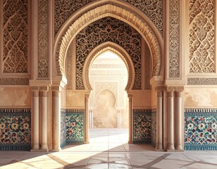 Interior view of ornate arches. Tile details, light streaming through. Intricate patterns and designs. Warm, inviting atmosphere