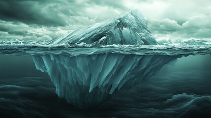 A polar landscape with a large iceberg tipping into the water, accompanied by dark, stormy clouds and waves crashing against the jagged edges, symbolizing the unpredictability of climate change