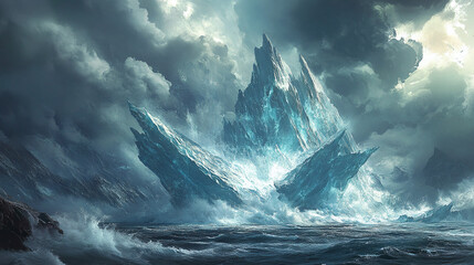 A polar landscape with a large iceberg tipping into the water, accompanied by dark, stormy clouds and waves crashing against the jagged edges, symbolizing the unpredictability of climate change