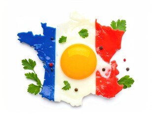 France is presented by an egg fried on blue, white, red backdrop with parsley and peppercorns. Bright, food art in a French motif