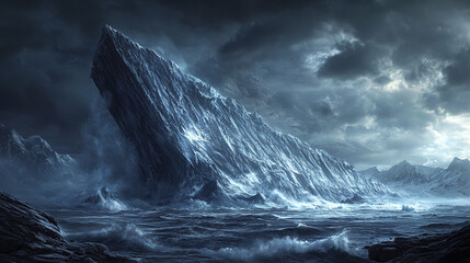 A polar landscape with a large iceberg tipping into the water, accompanied by dark, stormy clouds and waves crashing against the jagged edges, symbolizing the unpredictability of climate change