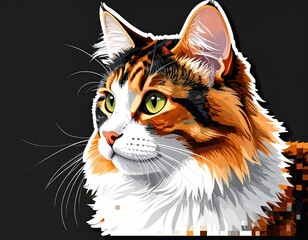 Artistic illustration of a long-haired calico cat's head and shoulder, looking left, on a stark black background, with a clean white outline
